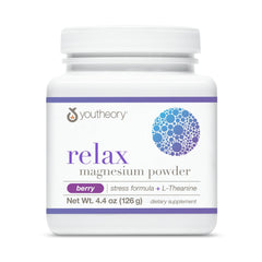 Youtheory Relax Magnesium Powder berry tub, vegan and gluten-free for daily calm.