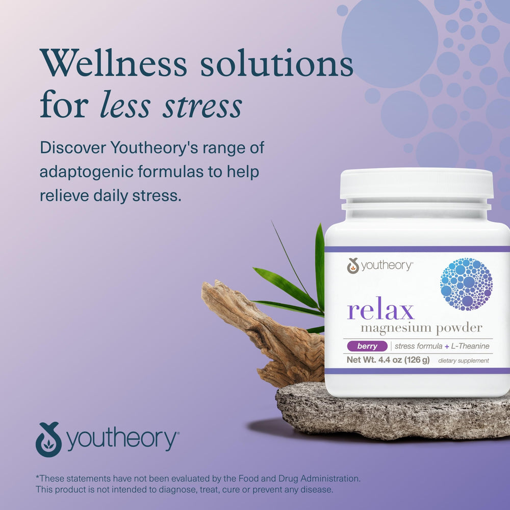 Youtheory Relax Magnesium Powder tub-front presents convenient daily use.