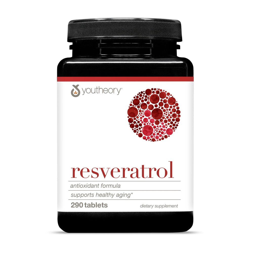 Youtheory Resveratrol Advanced Antioxidant Formula bottle featuring resVida for daily wellness.