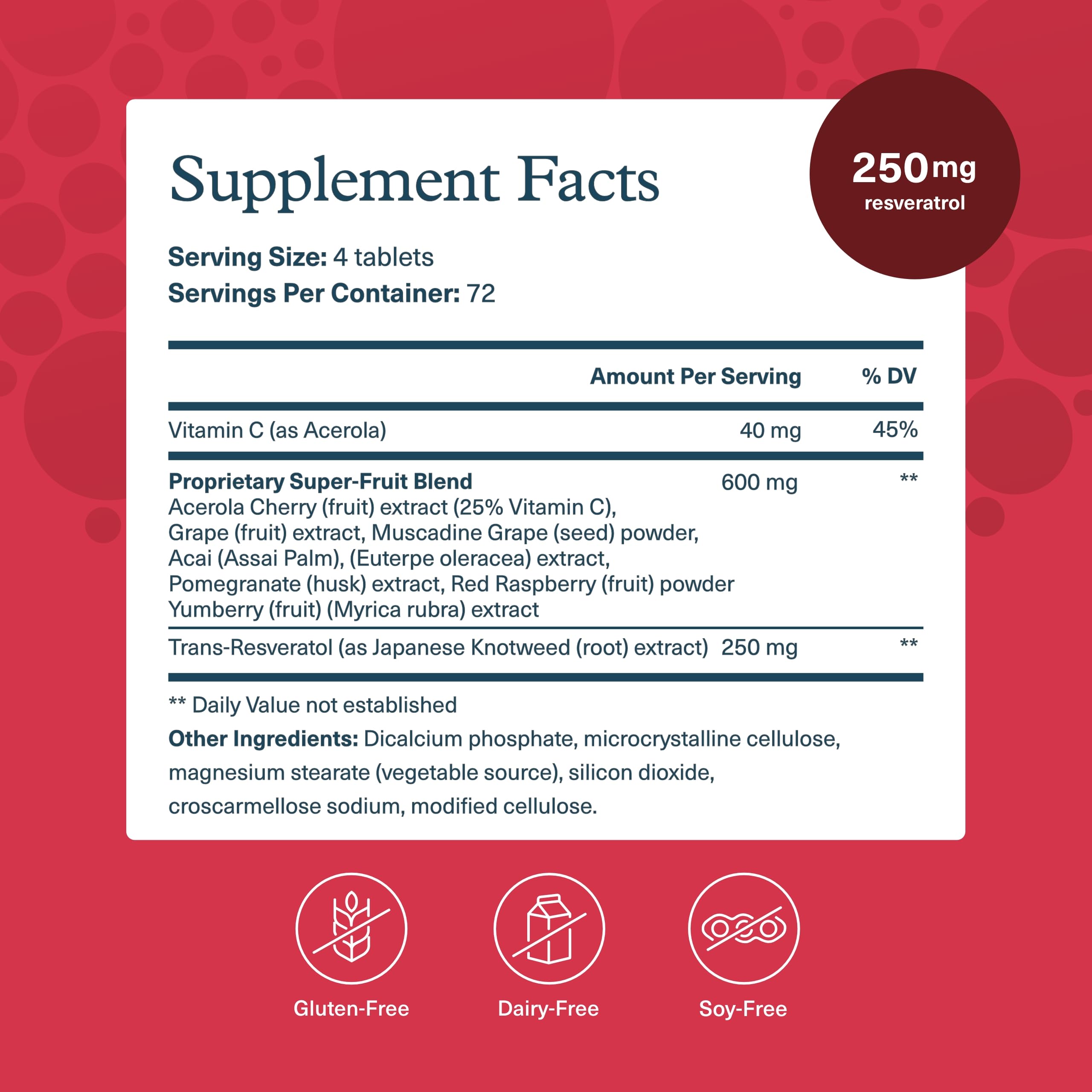 Youtheory Resveratrol Advanced Antioxidant Formula label highlights dairy-free, gluten-free ingredients.