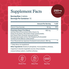 Youtheory Resveratrol Advanced Antioxidant Formula label highlights dairy-free, gluten-free ingredients.