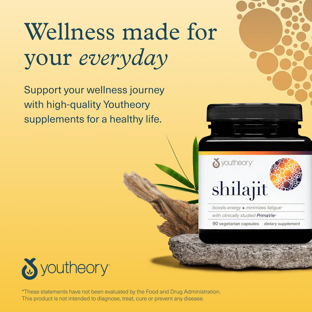 Label close-up on Youtheory Shilajit Advanced, ingredients and vegetarian capsule appeal