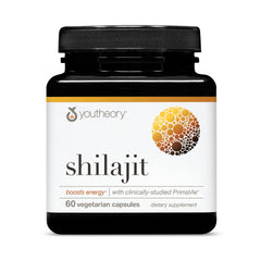 Youtheory PrimaVie Shilajit capsules in bottle, energy and stamina potential.