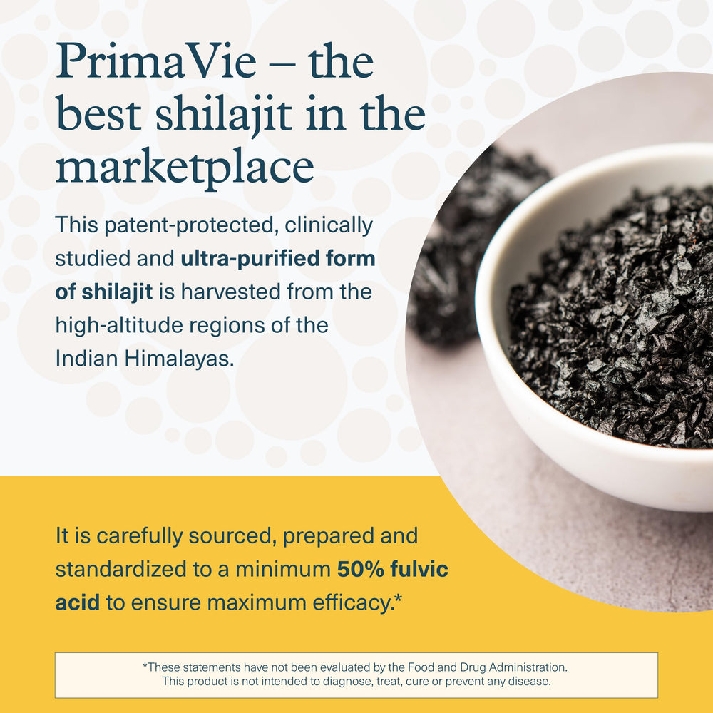 Youtheory PrimaVie Shilajit serving scoop beside capsules.