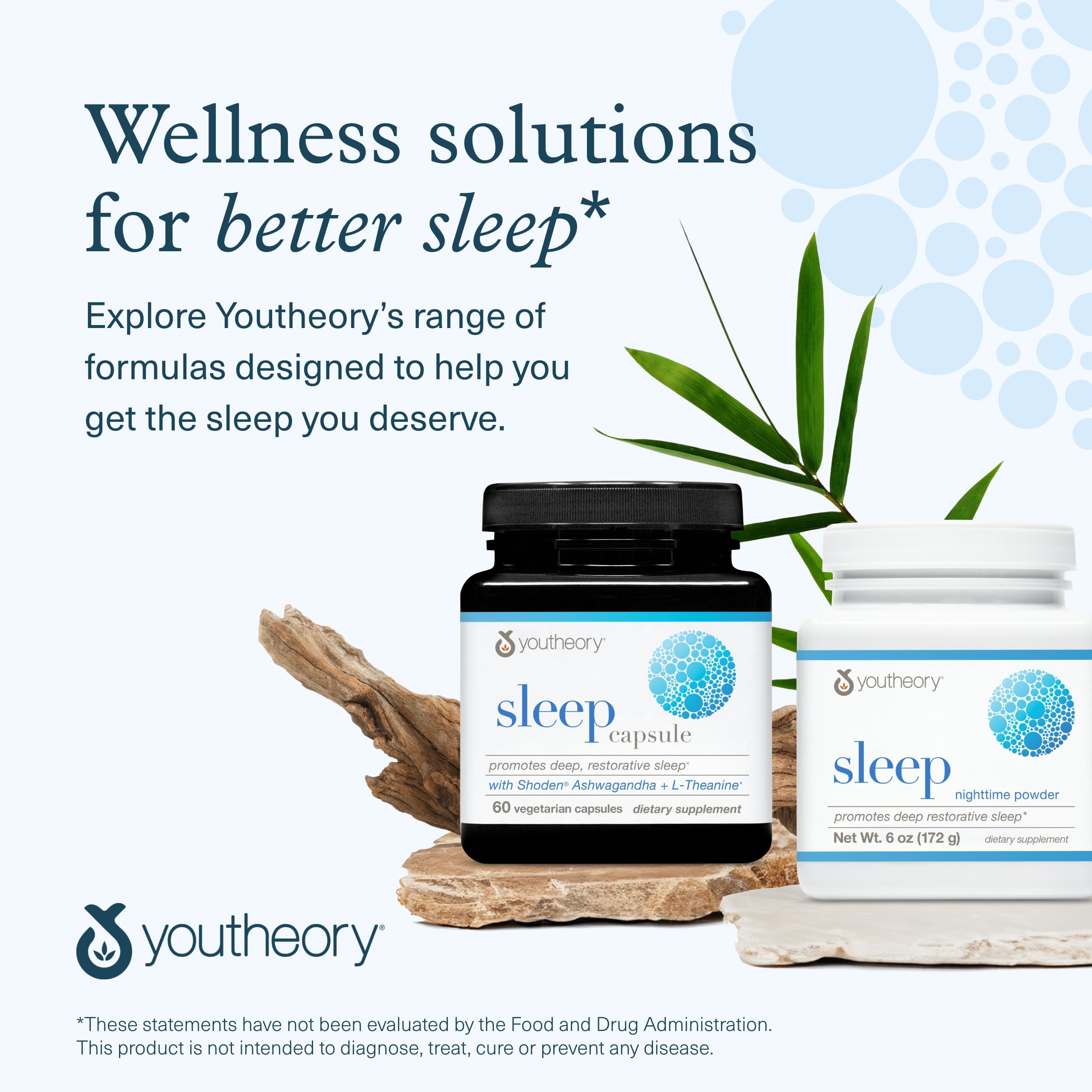 Youtheory Sleep Nighttime Powder on a nightstand beside a glass.