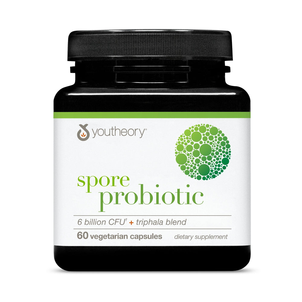 Youtheory Spore Probiotic bottle front shows clean packaging for gut wellness