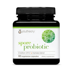 Youtheory Spore Probiotic bottle front shows clean packaging for gut wellness