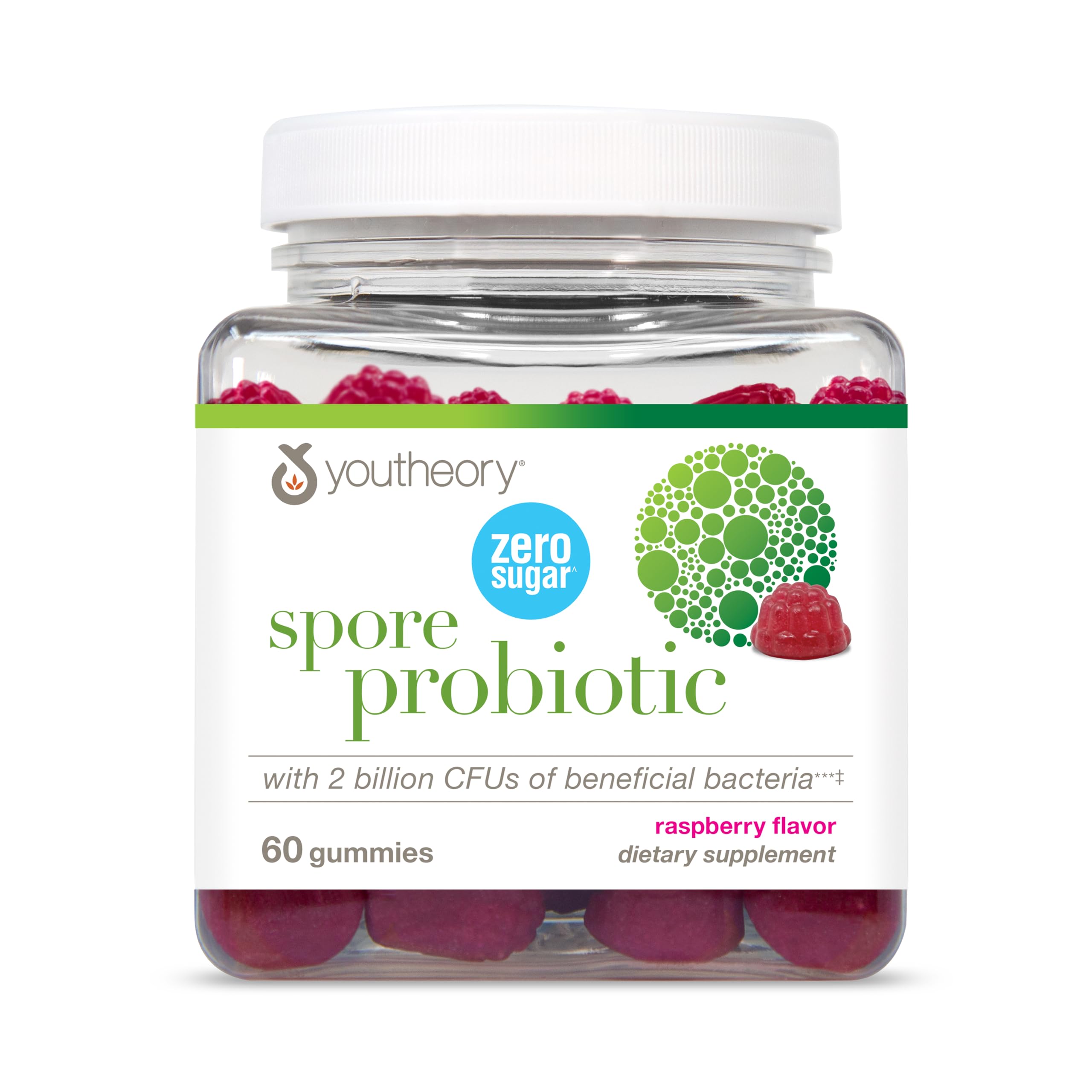 Youtheory Spore Probiotic Gummies bottle front showing sugar-free gut support.