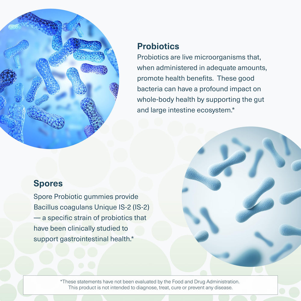 Youtheory Spore Probiotic Gummies ingredient panel shows prebiotics and quality checks.