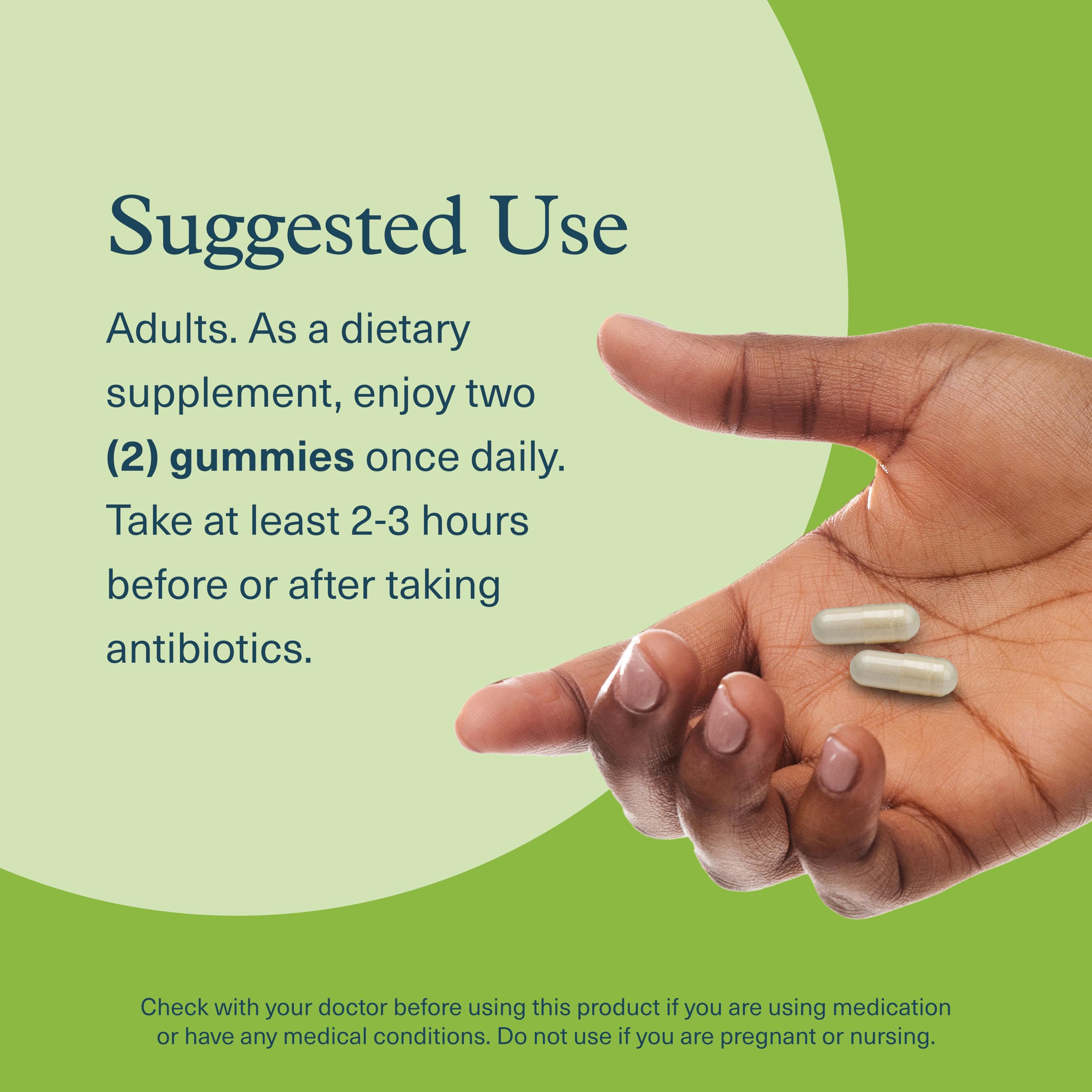 Serving illustration suggests easy daily dose for ongoing gut support with Youtheory gummies.