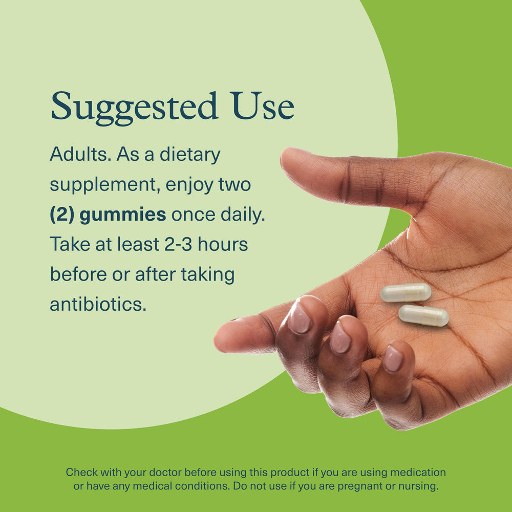Serving illustration suggests easy daily dose for ongoing gut support with Youtheory gummies.
