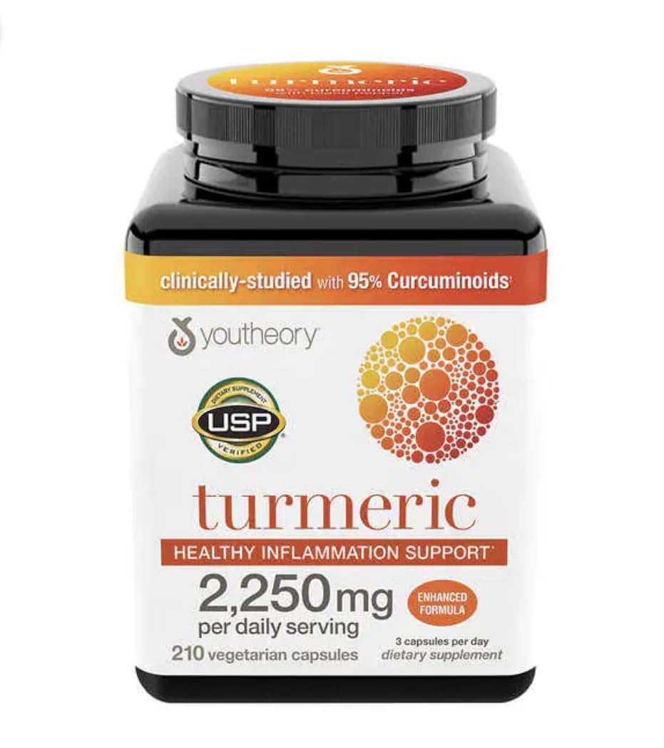 Youtheory turmeric curcumin bottle showing high-potency formula for daily antioxidant support.