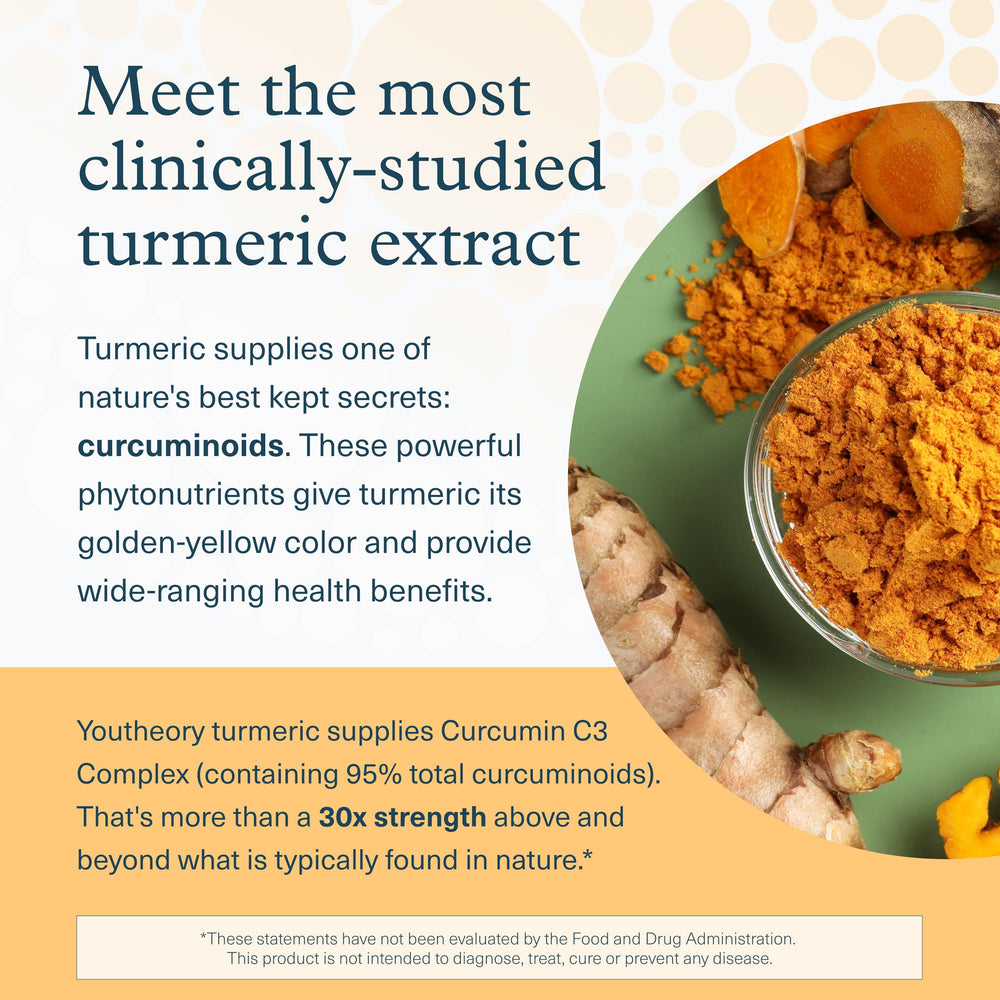 Youtheory Turmeric bottle with spoon conveying daily dosage and consistency.