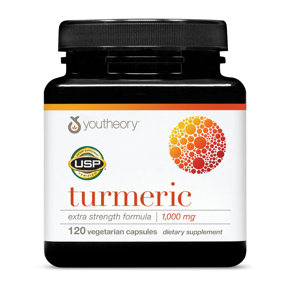 Youtheory Turmeric Extra Strength bottle front view highlighting supplement clarity