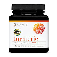 Youtheory Turmeric Extra Strength bottle front view highlighting supplement clarity