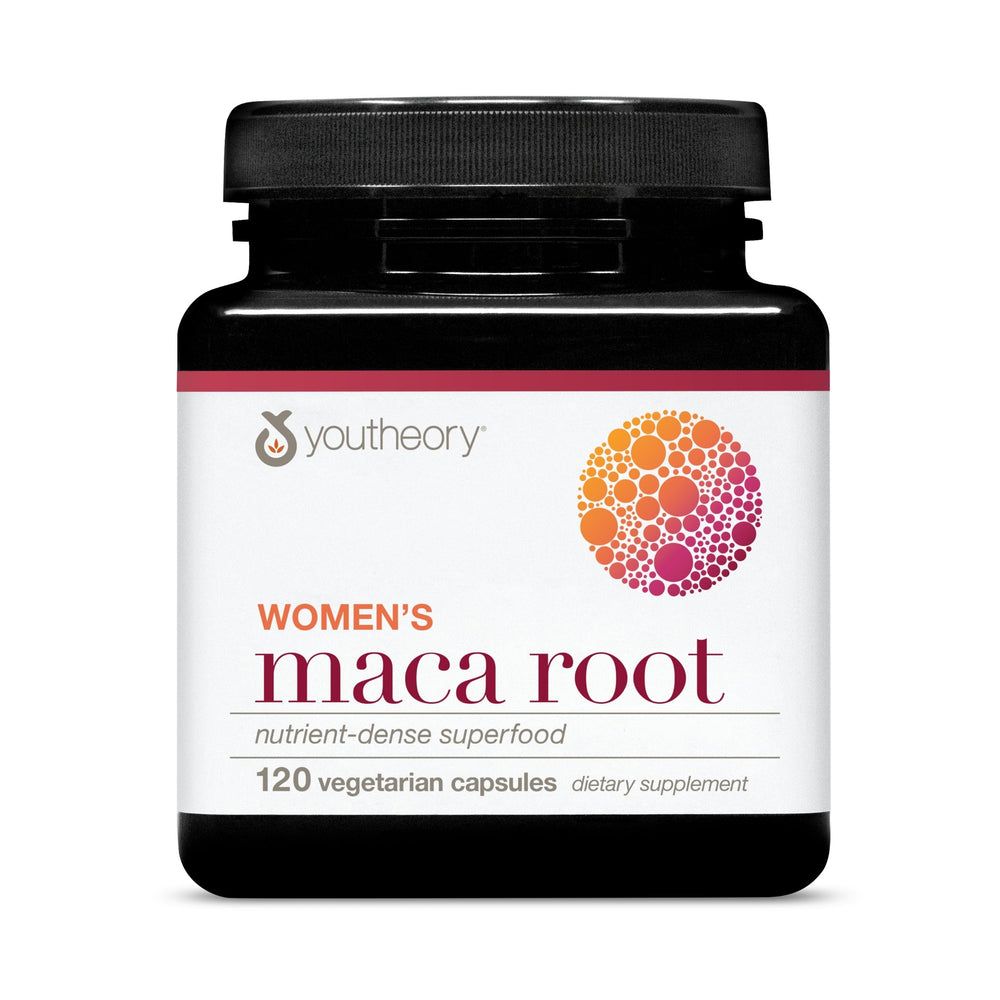 Youtheory Women's Maca Root energy bottle promotes natural daily vigor.