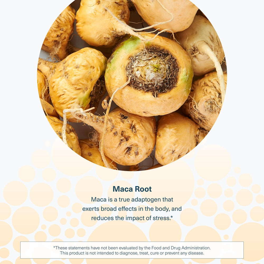 Peruvian ginseng ingredient imagery suggesting traditional adaptogenic roots.