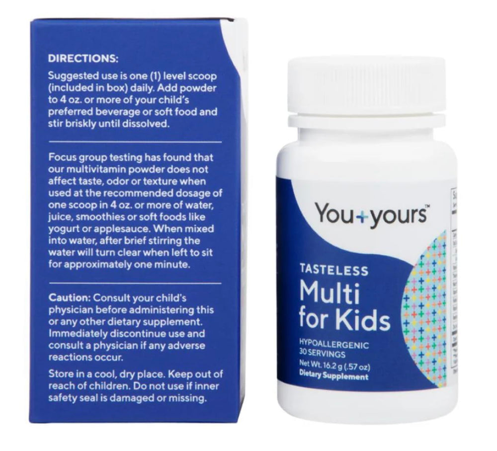 You+yours tasteless multivitamin is allergen-free and easy to scoop.