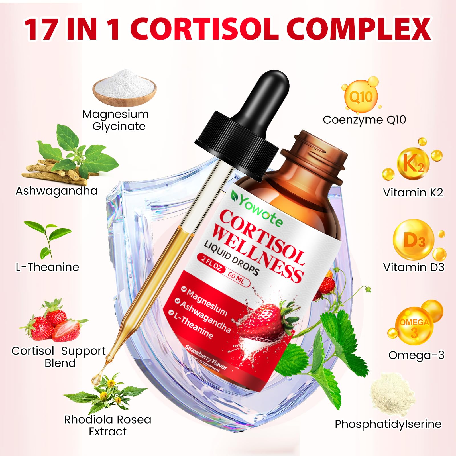 YOWOTE cortisol strawberry flavor drops ready for sublingual use.