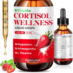 YOWOTE Cortisol Support bottle pour showing fast-acting liquid drops for relaxation.