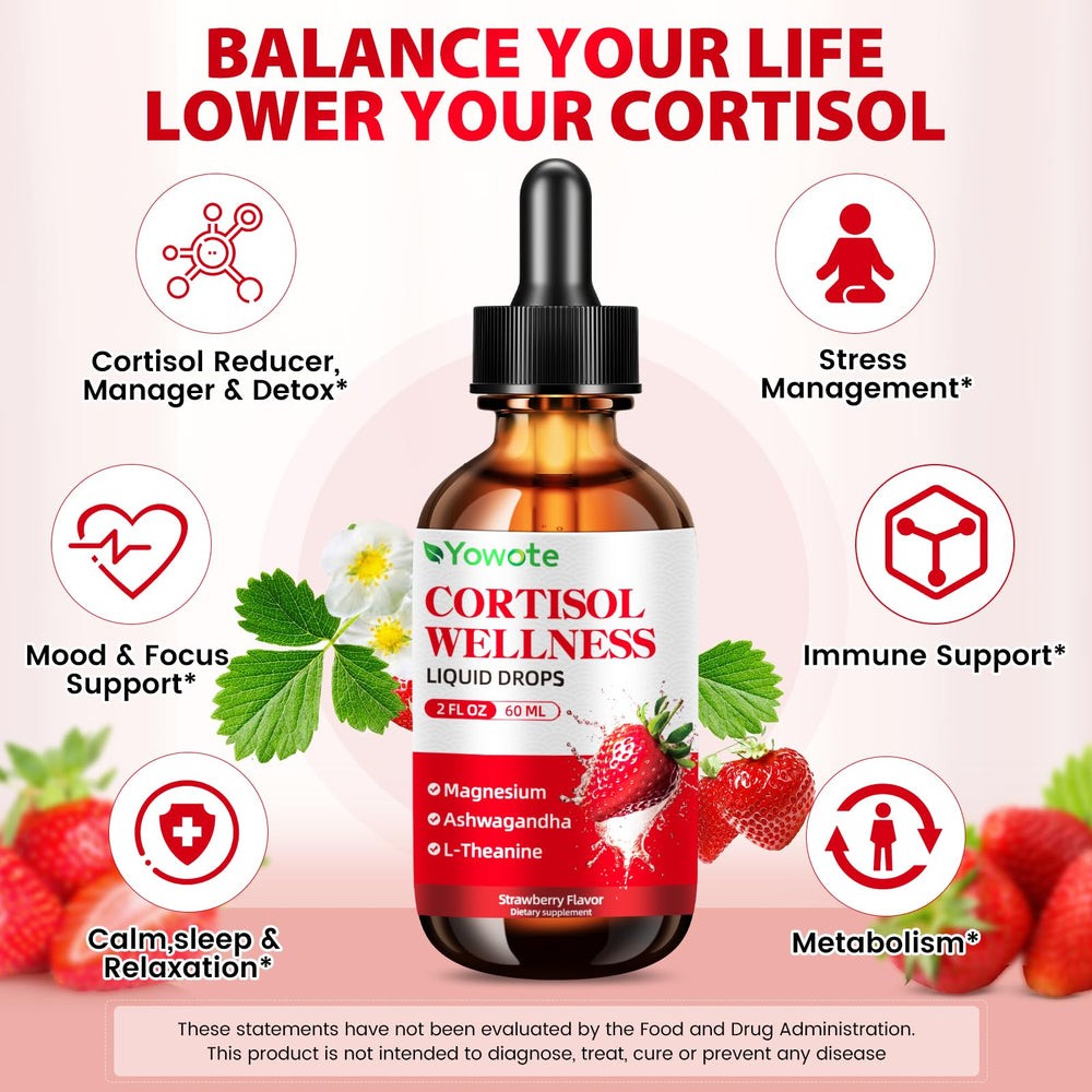 Closeup of YOWOTE label on cortisol support emphasizing key ingredients.