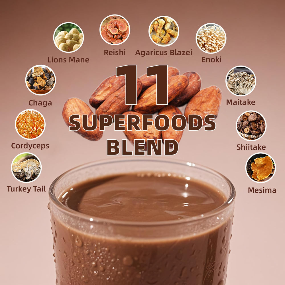 YoYoJo Mushroom Cacao Mix label closeup showing clean ingredients.