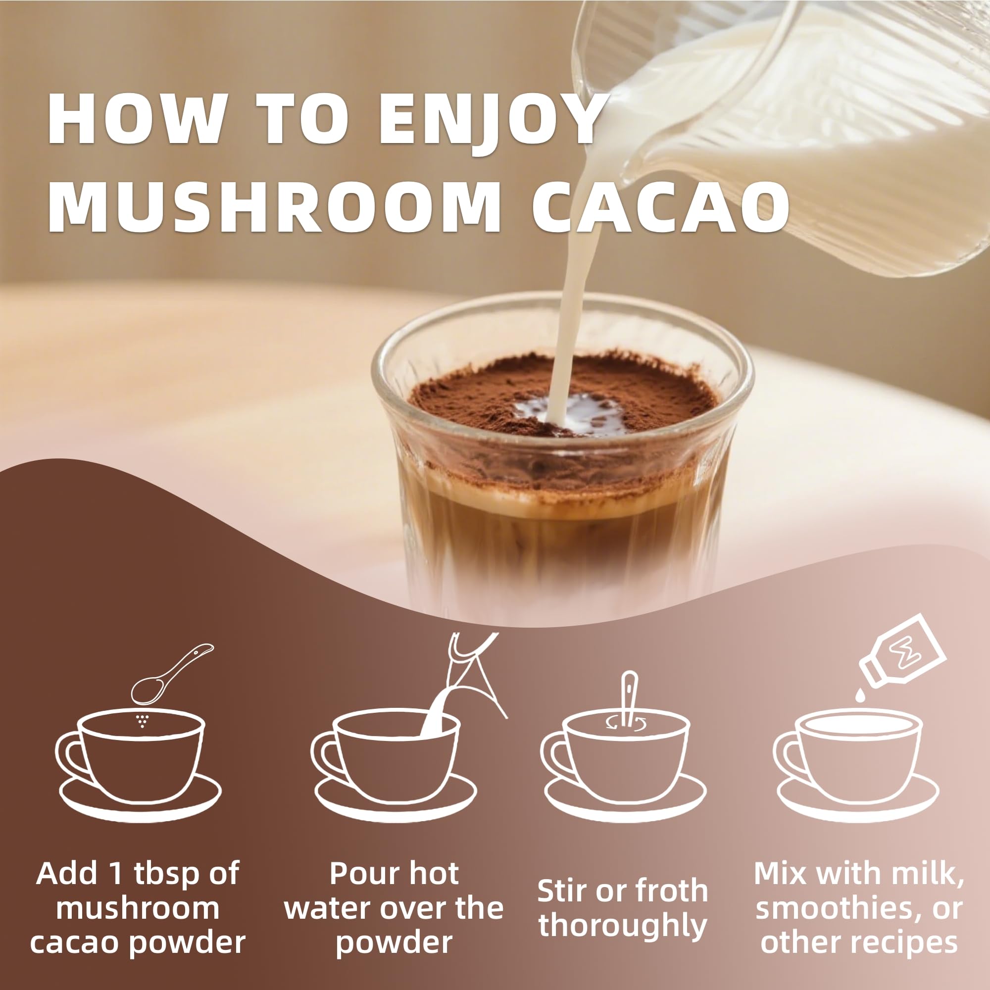 YoYoJo Mushroom Cacao Mix pour steam demonstrating versatile uses in baking and beverages.