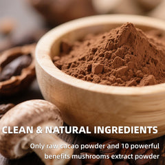 YoYoJo Mushroom Cacao Mix powder dispense closeup ideal for smoothies and lattes.