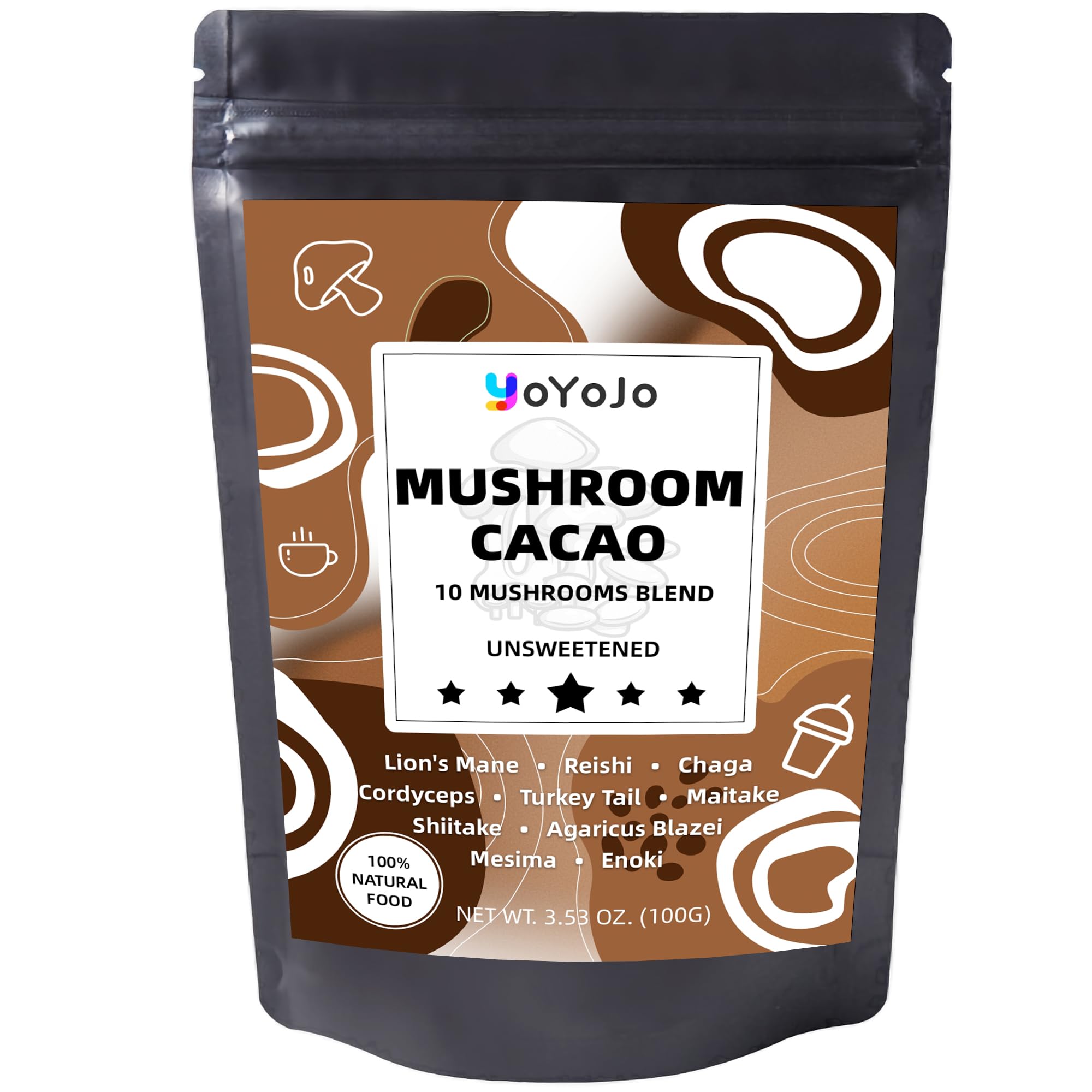 YoYoJo Mushroom Cacao Mix tin jar highlighting organic blend for daily focus.