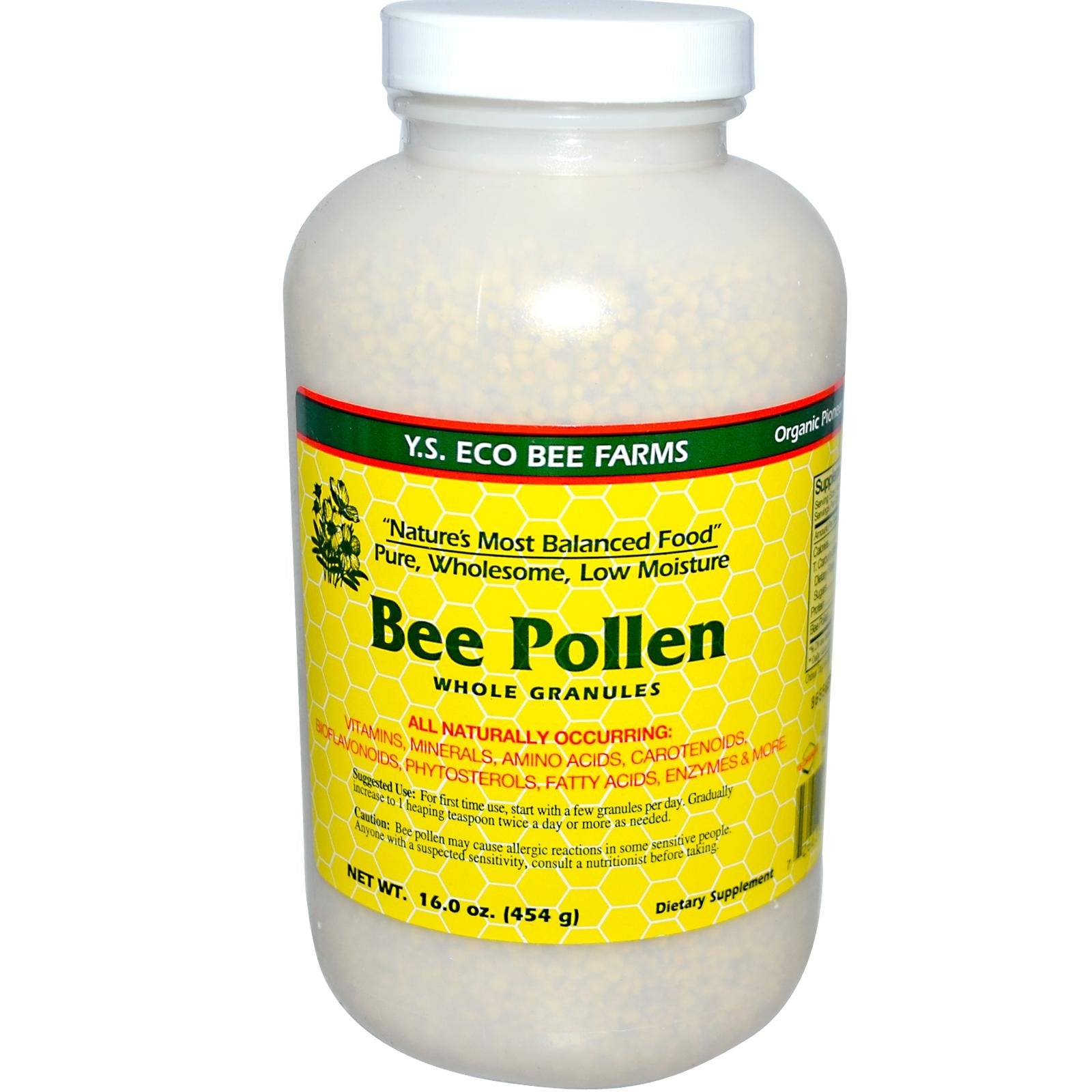 YS Eco Bee Farms Bee Pollen low-moisture granules close-up, perfect as yogurt topping.