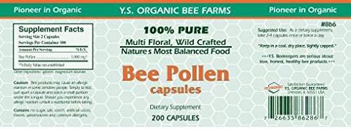 Packaging view of YS Eco Bee Farms Bee Pollen showing sugar-free formula