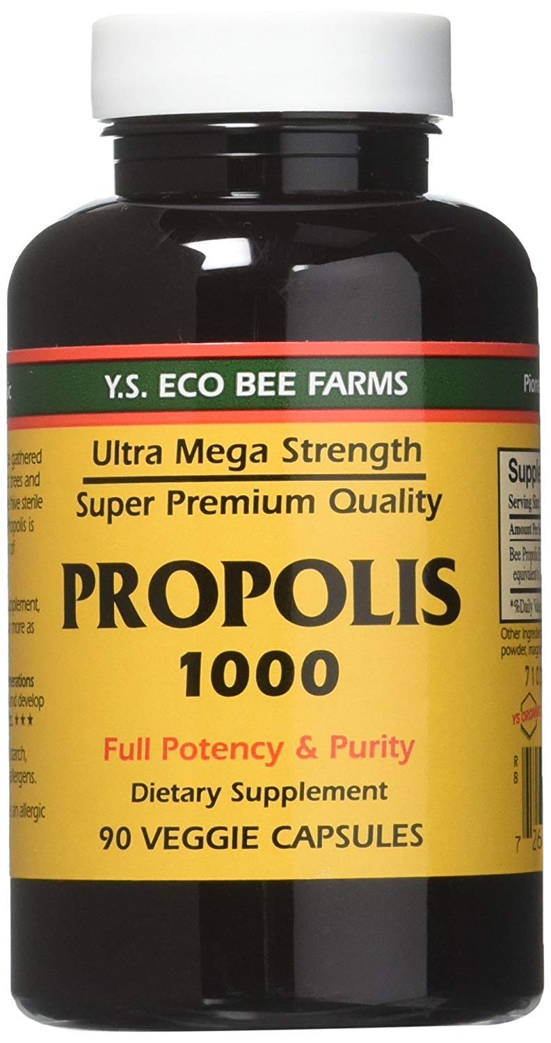 YS Eco Bee Farms Propolis 1000-90 caps bottle label showing branding