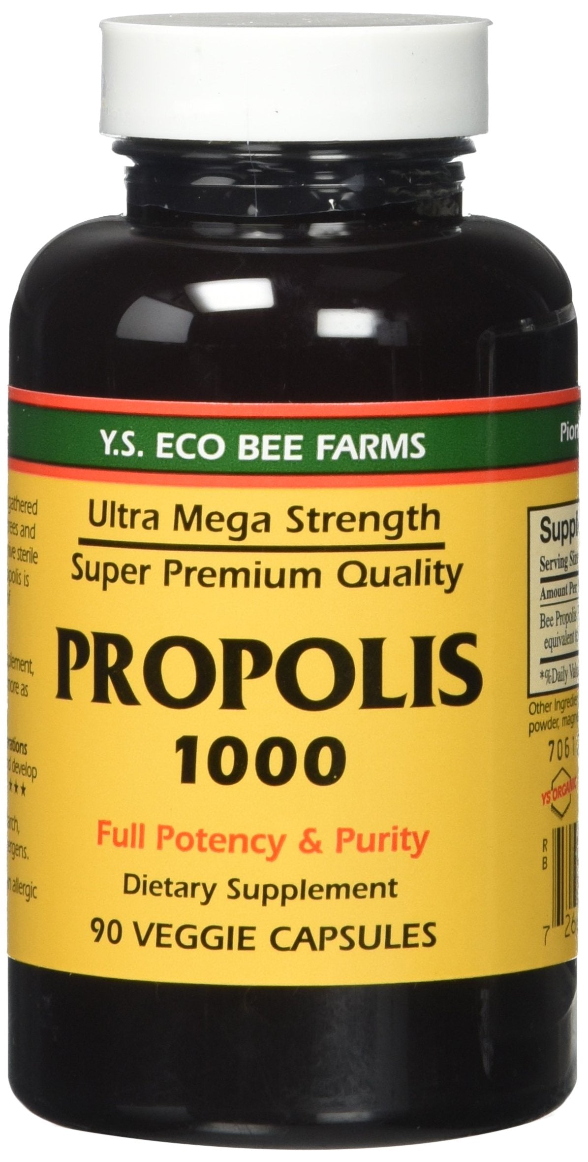 YS Eco Bee Farms Propolis Raw 1000mg bottle highlights high potency in a premium package.