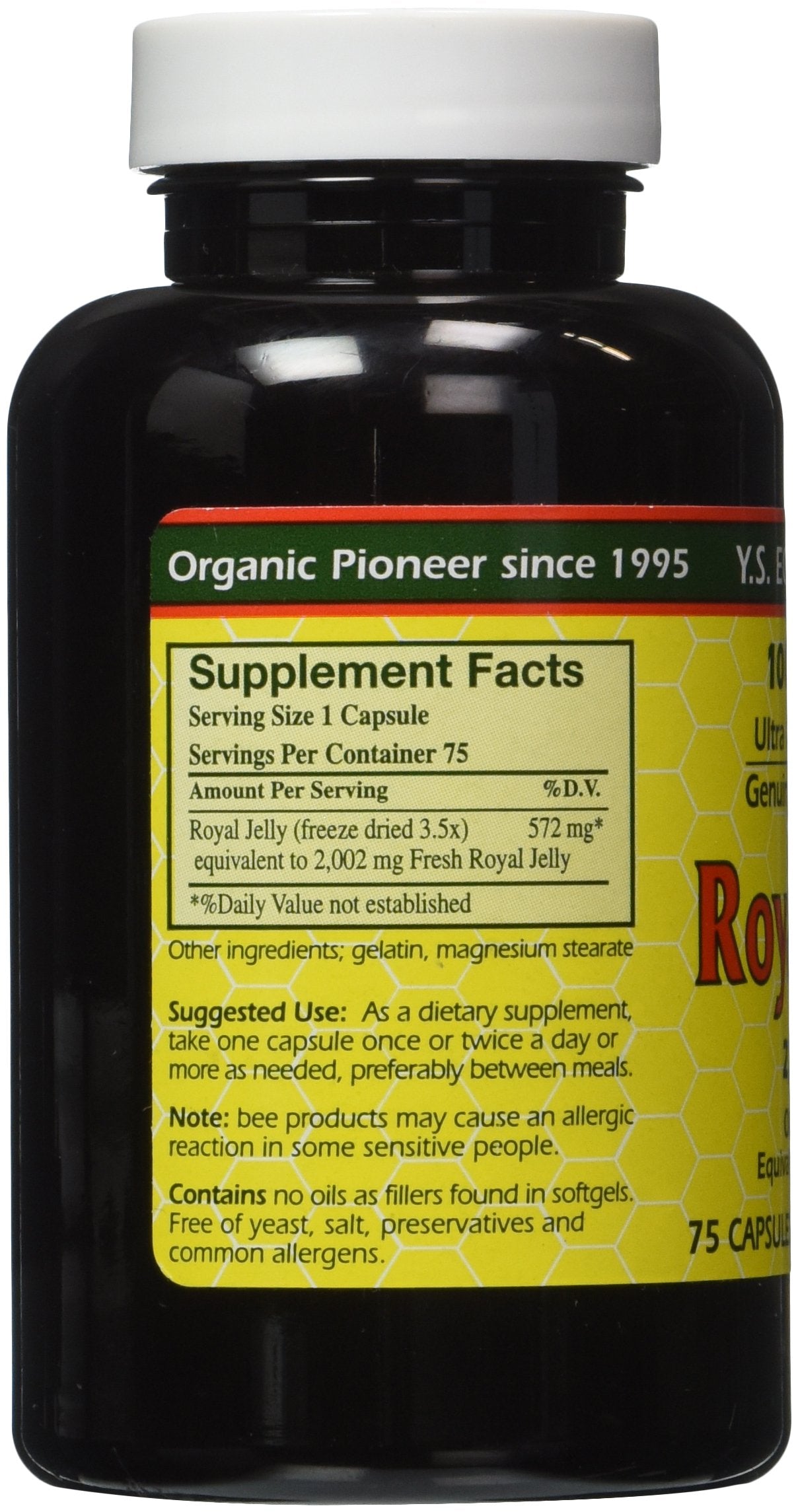 YS Eco Bee Farms Royal Jelly bottle with label, ideal for daily supplementation.