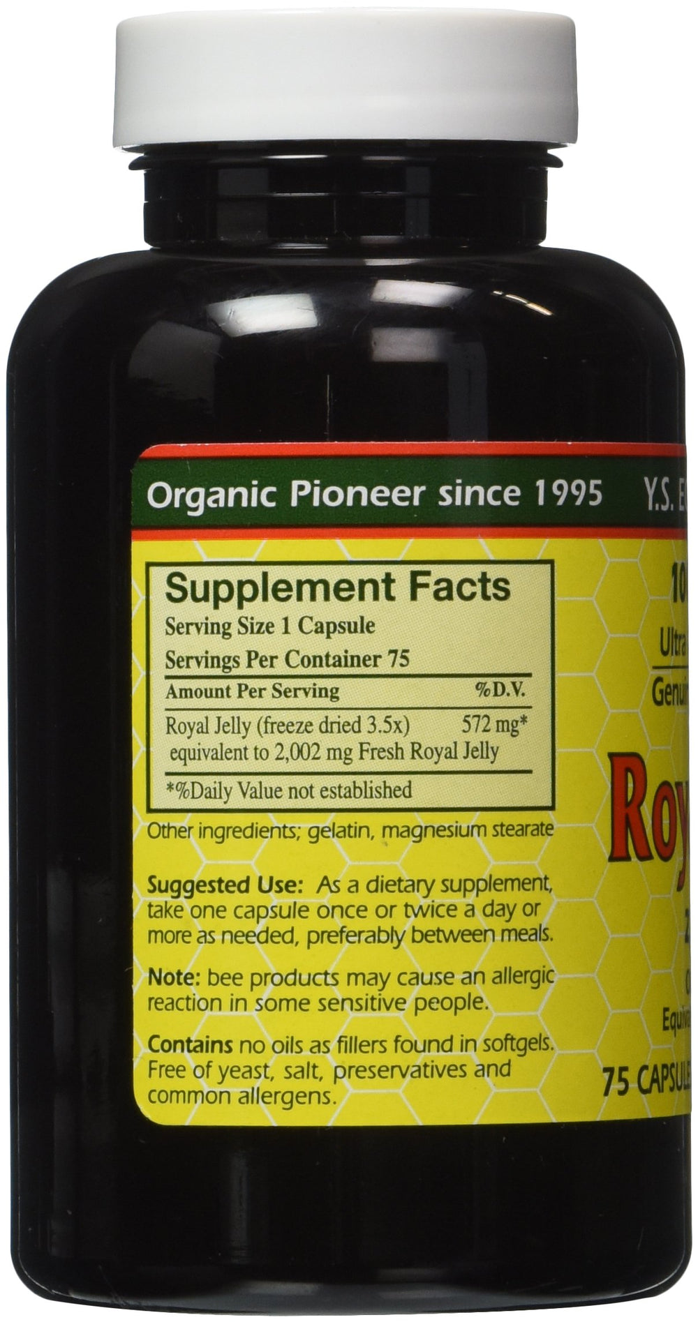 YS Eco Bee Farms Royal Jelly bottle with label, ideal for daily supplementation.