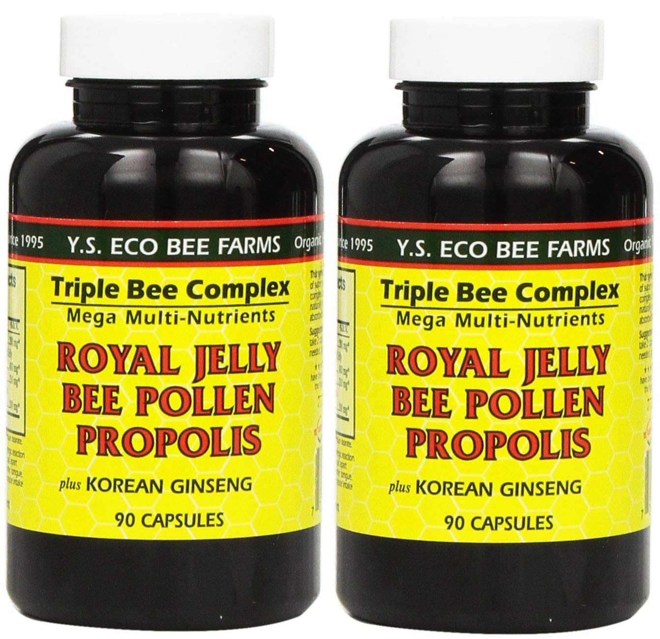 YS Eco Bee Farms royal jelly capsules in a bottle for daily energy support.