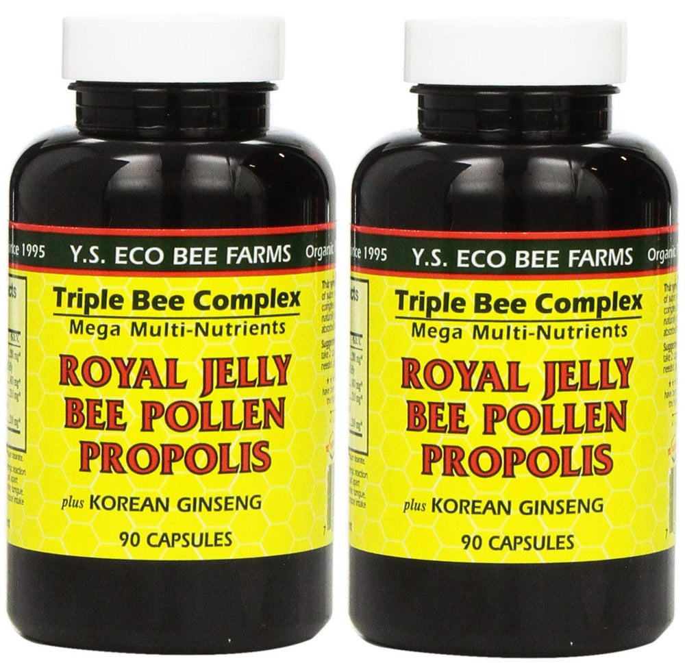 YS Eco Bee Farms royal jelly capsules in a bottle for daily energy support.