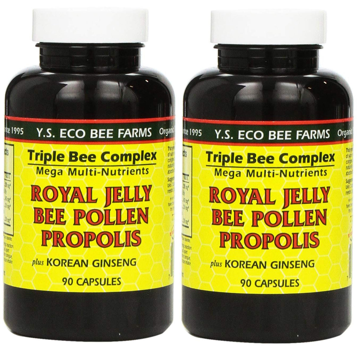 YS Eco Bee Farms royal jelly capsules in a bottle for daily energy support.