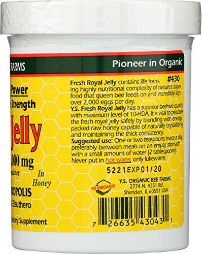 Display-ready packaging of YS Eco Bee Farms Royal Jelly in Honey Ult Strength jar.