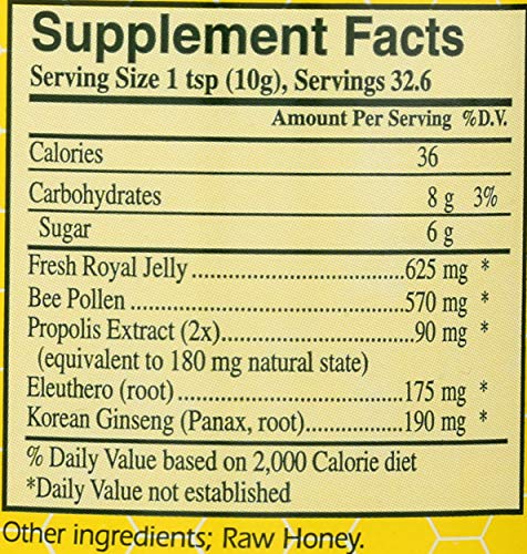 Close-up of YS Eco Bee Farms label on Royal Jelly in Honey Ult Strength jar.