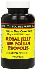 YS Eco Bee Farms Royal Jelly Pollen Propolis Ginseng bottle shows triple bee complex nutrients.