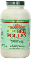 YS Organic Bee Farms fresh bee pollen granules bottle close-up, nutrient-dense texture for daily use