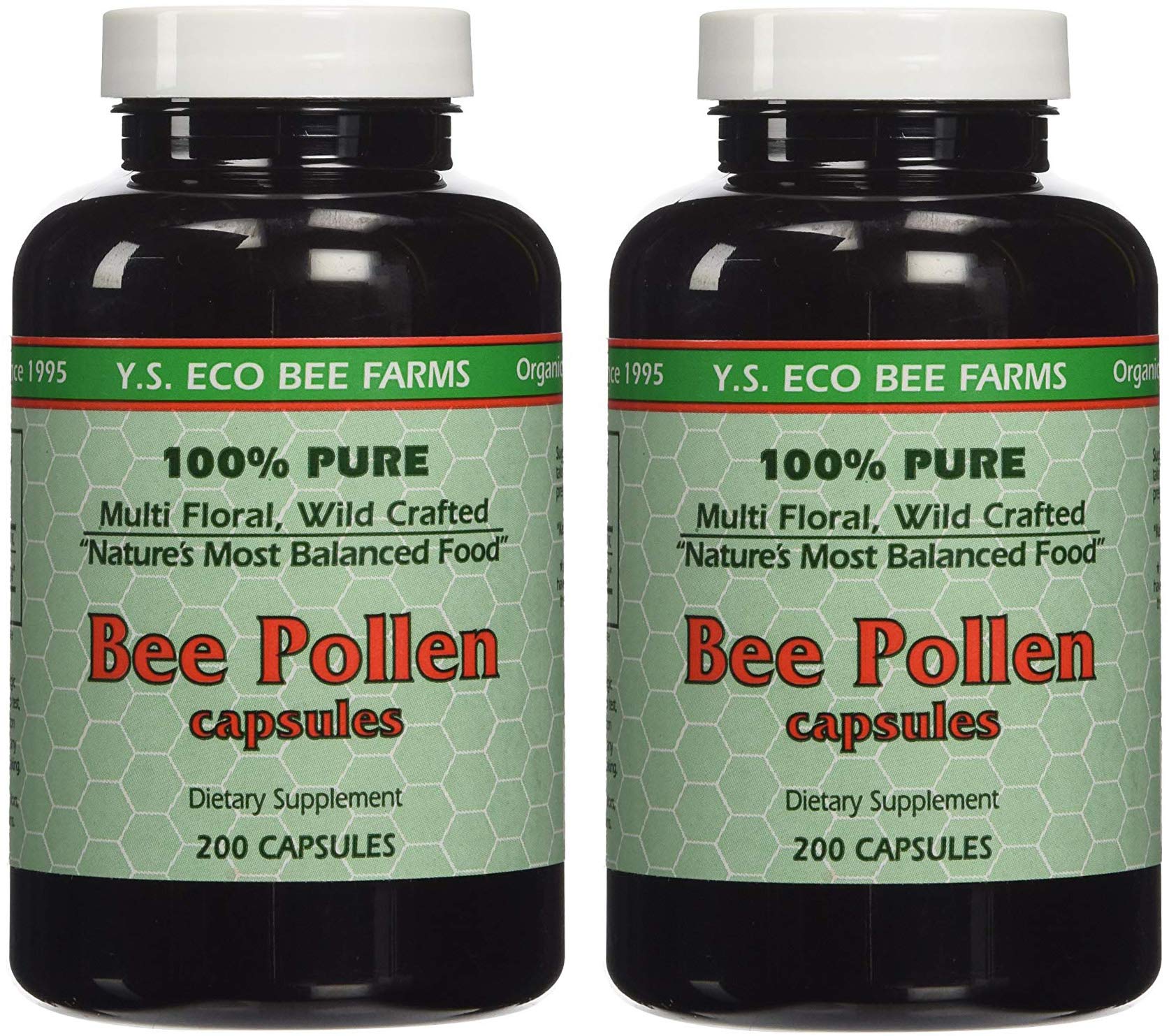 YS Organic Bee Pollen 200 capsules pack-2 bottle front; supports daily vitality.