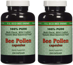 YS Organic Bee Pollen 200 capsules pack-2 bottle front; supports daily vitality.