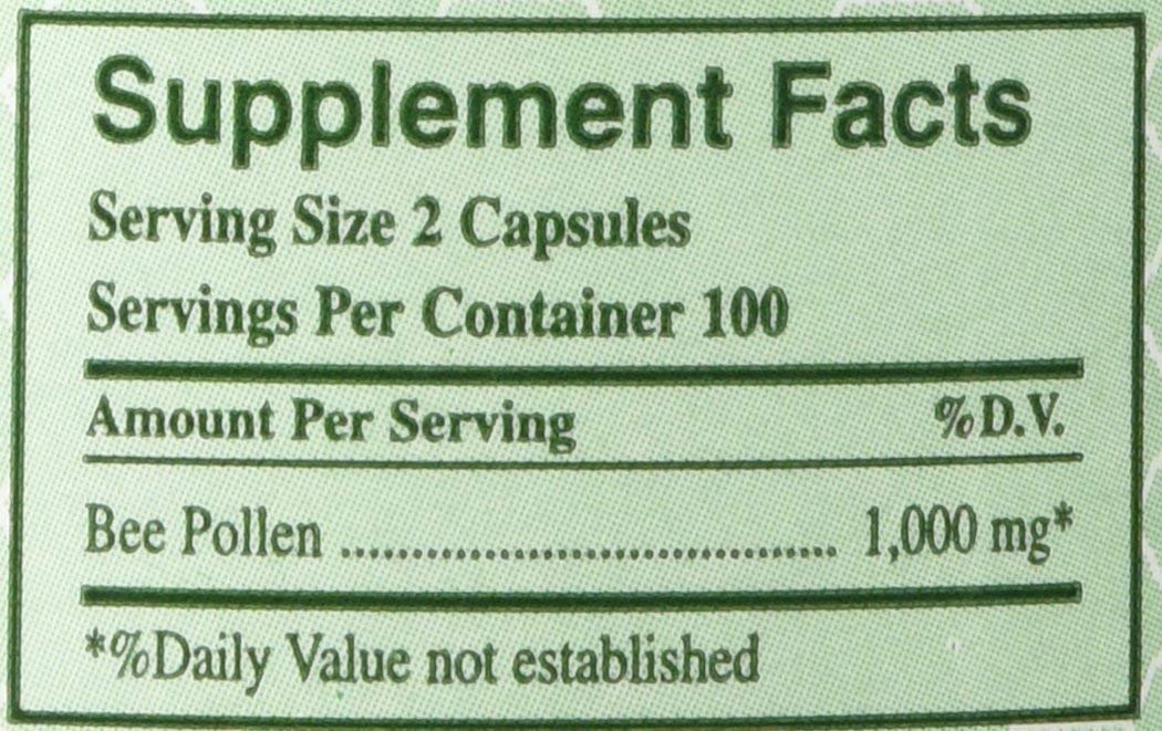 YS Organic Bee Pollen packaging with nutrition label showing organic ingredients and no artificial additives.