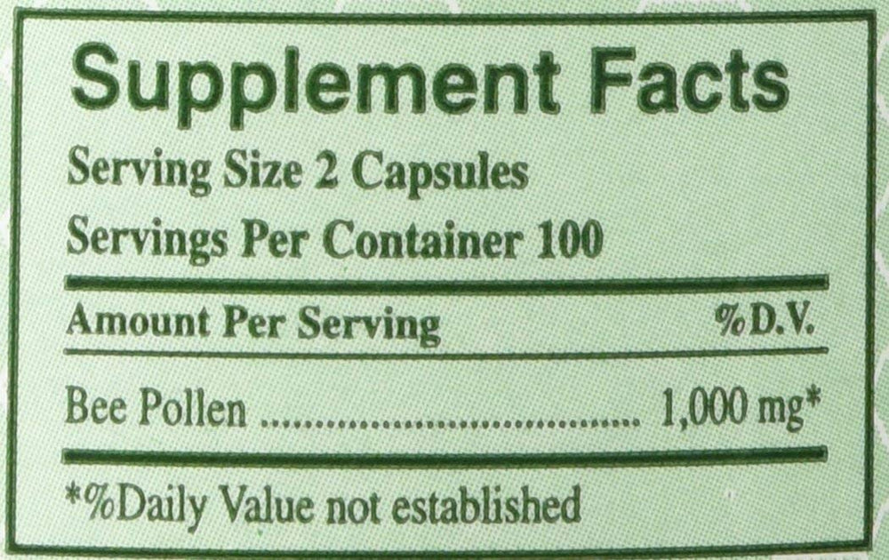 YS Organic Bee Pollen packaging with nutrition label showing organic ingredients and no artificial additives.