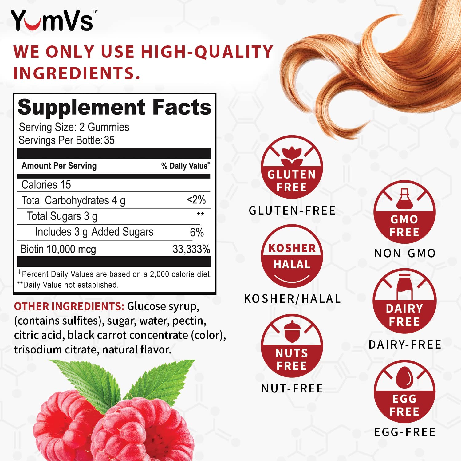 YUM-V'S Biotin Gummies bottle shows 10,000 mcg per serving for beauty support.