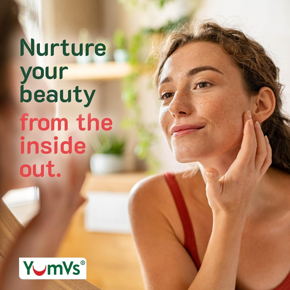 YUM-V'S Biotin Gummies product shot with raspberries highlights tasty daily nutrition.