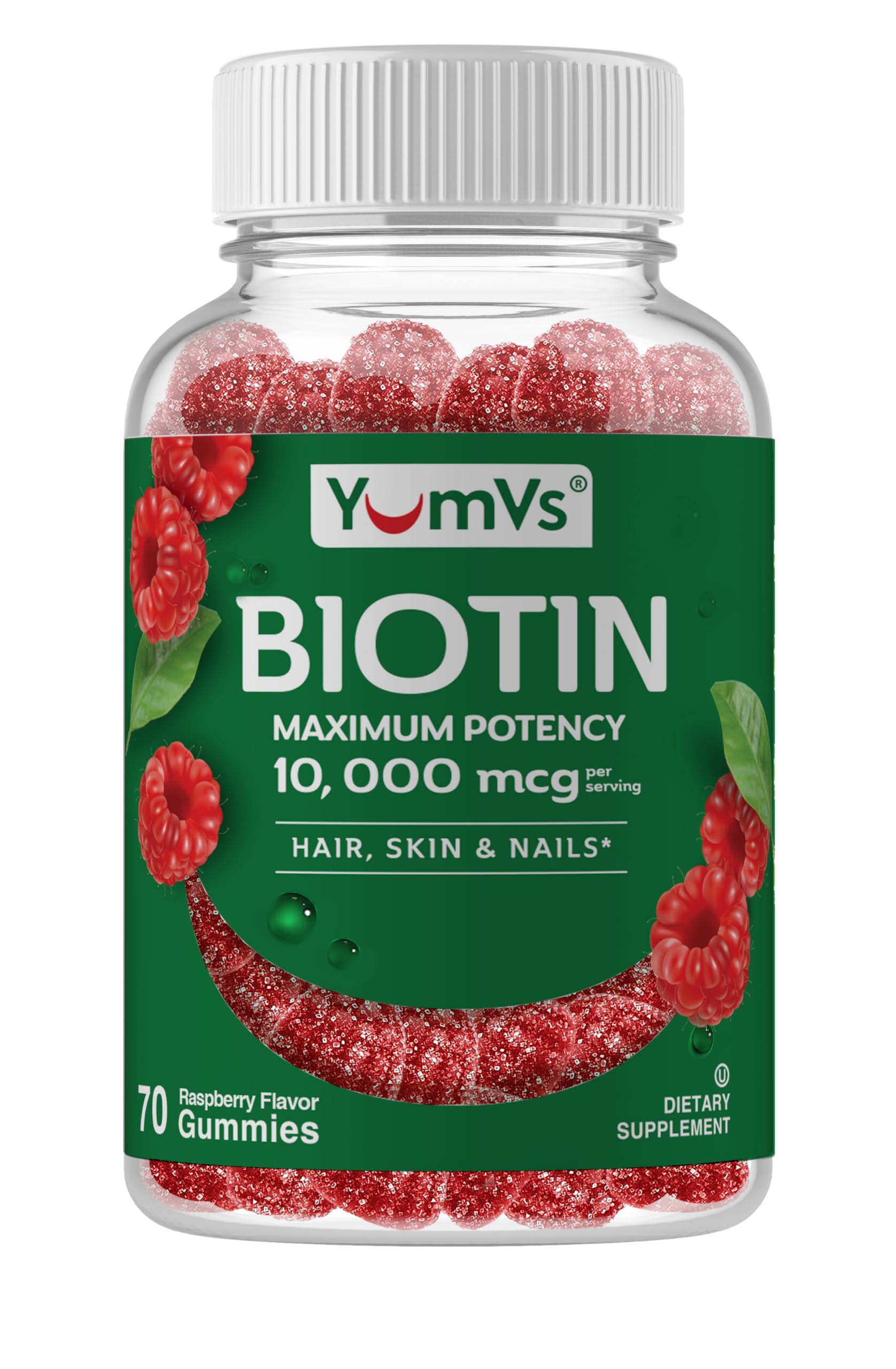 YUM-V'S Biotin Gummies raspberry flavor close-up for hair, skin, and nails support.