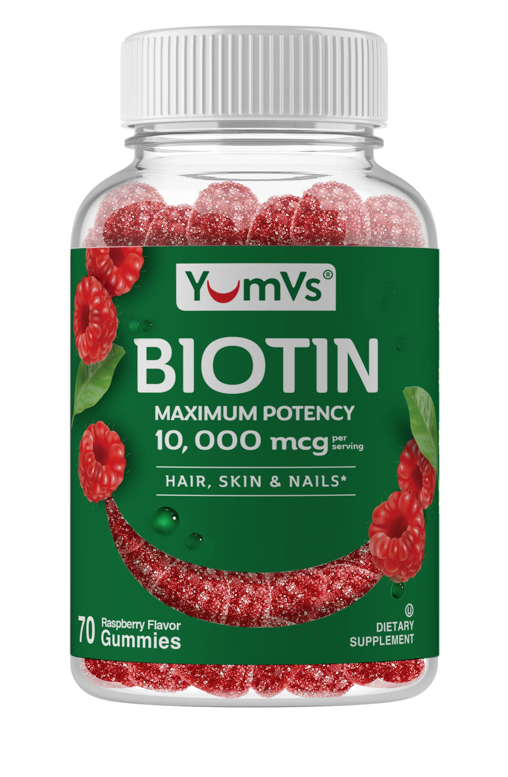 YUM-V'S Biotin Gummies raspberry flavor close-up for hair, skin, and nails support.